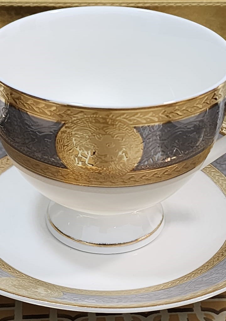 Luxury Embossed Gold Plated Cup & Saucer Royal Style Bone China, Set Of 6 (MADE IN JAPAN)
