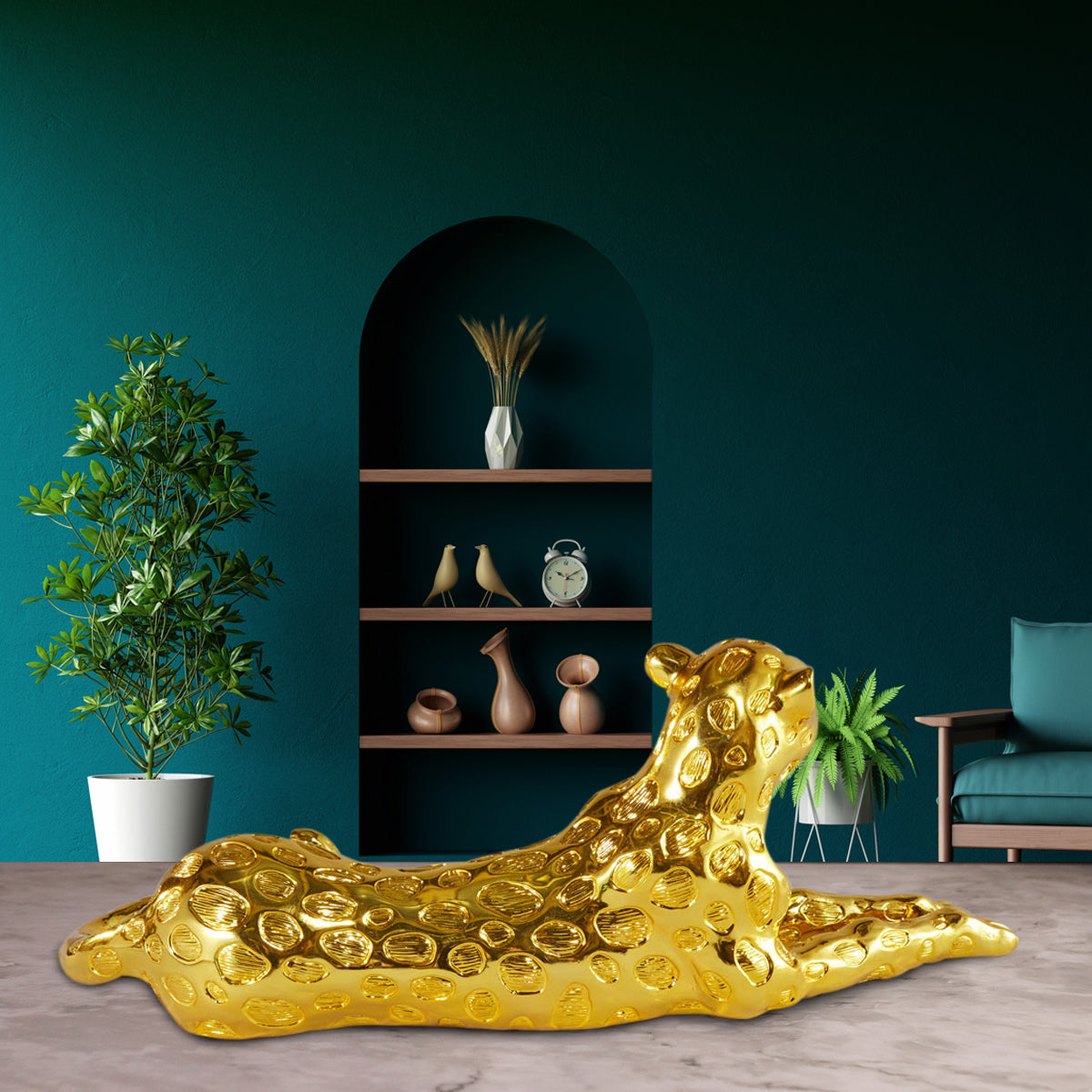 Golden Wild Animal Leopard Sculpture Resin Craft, Living Room Study Leopard Decoration 22x9 Inch