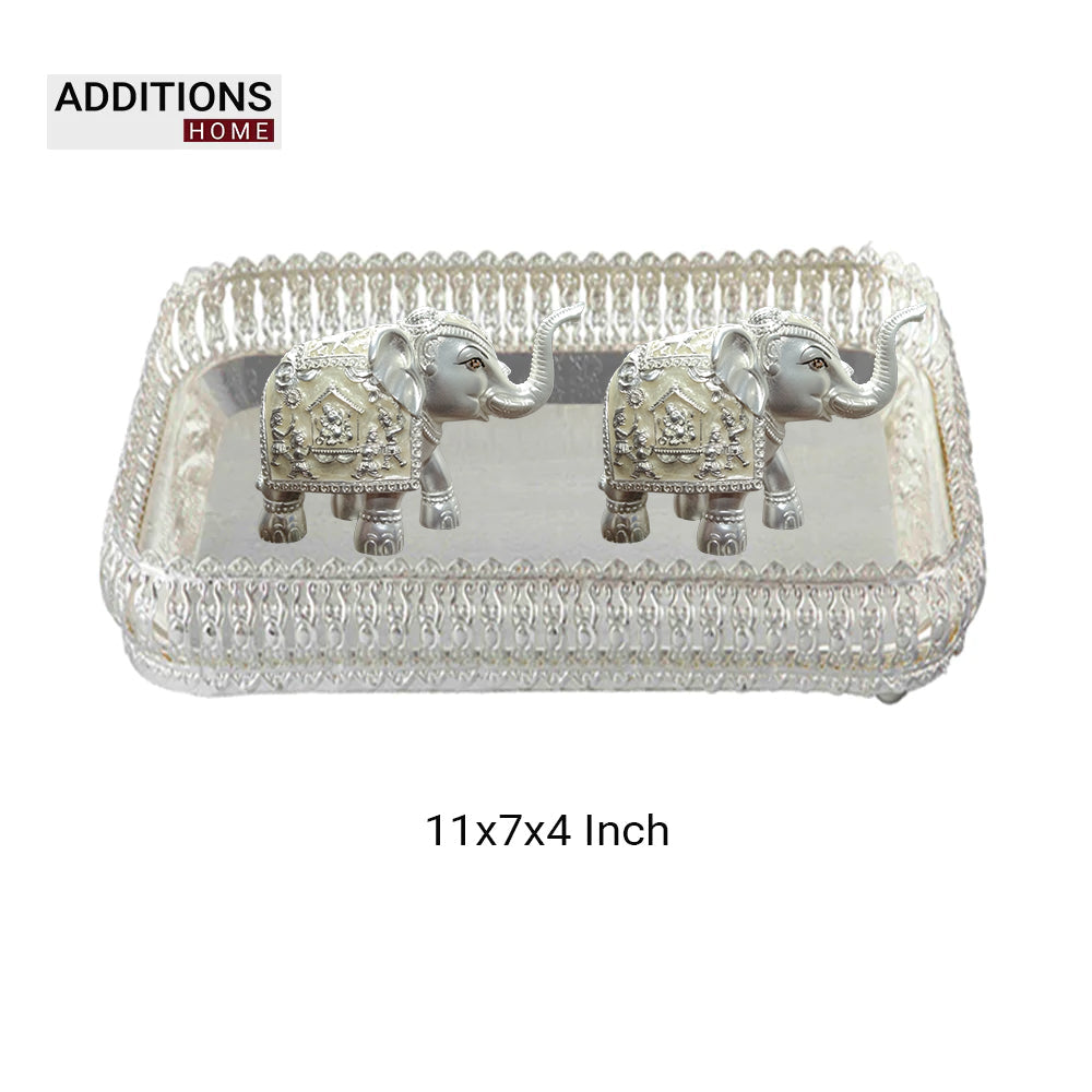 German Silver Rectangle Shape Designer Fancy Metal Tray And Silver Plated Elephant Idol Set Of 3Pcs.