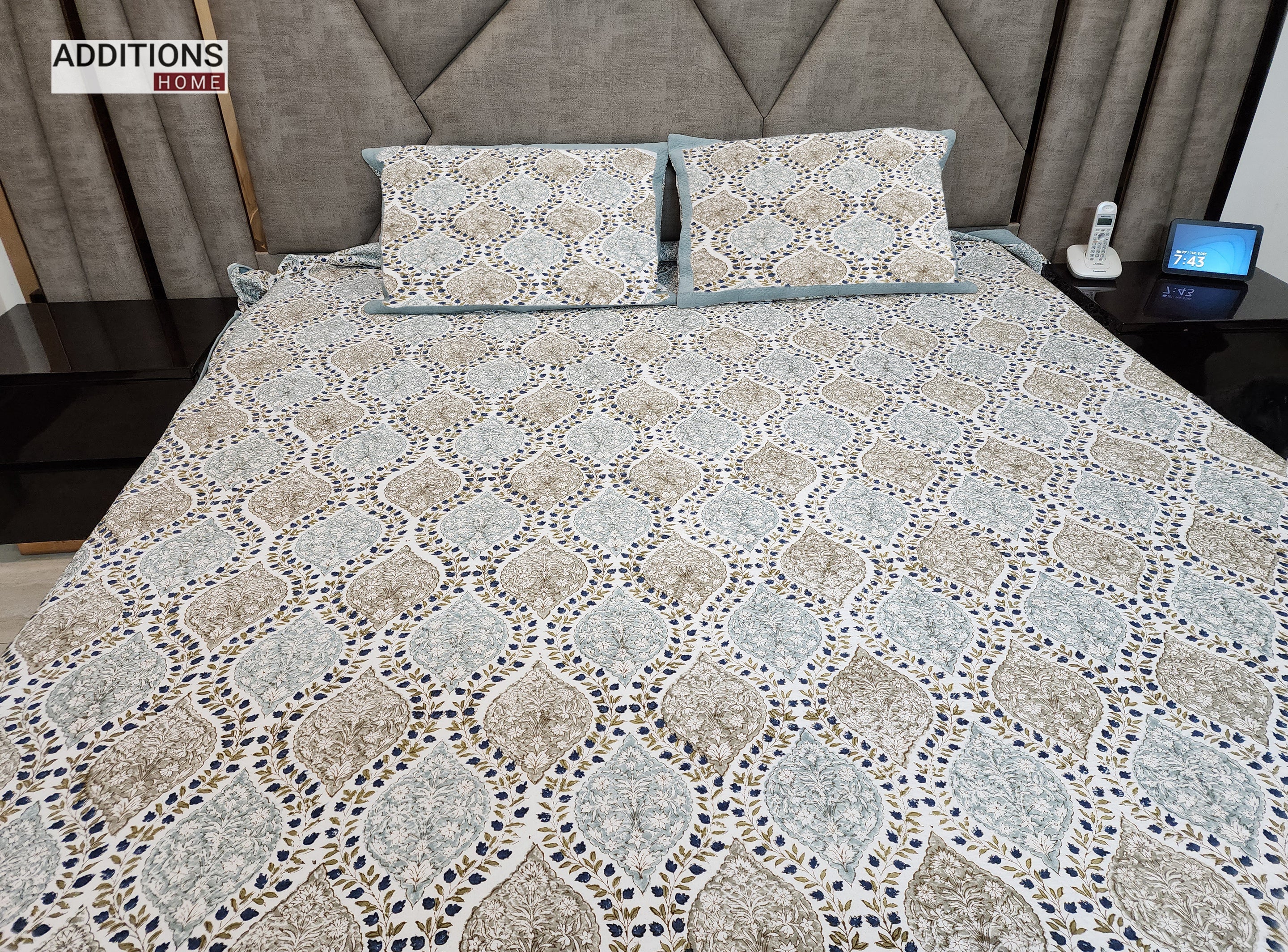 Mysore Hand Block Printed Jacquard Bed Cover with complementing Pillow Covers, 108x108