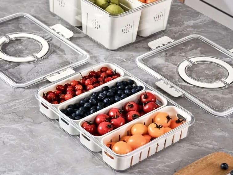 Airtight Drain Food Storage Container with Lid & Removable Compartment Kitchen Stackable Freezer Fridge Organizer Set of 6 Pcs