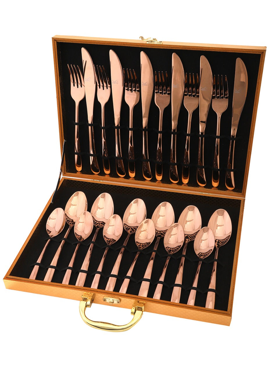 24pcs Luxury Chrome Plated Classic Cutlery Set Dinner Spoon Knives Fork Set Stainless Steel Tableware Dinner Set with Gift Box Rose Gold Pleated