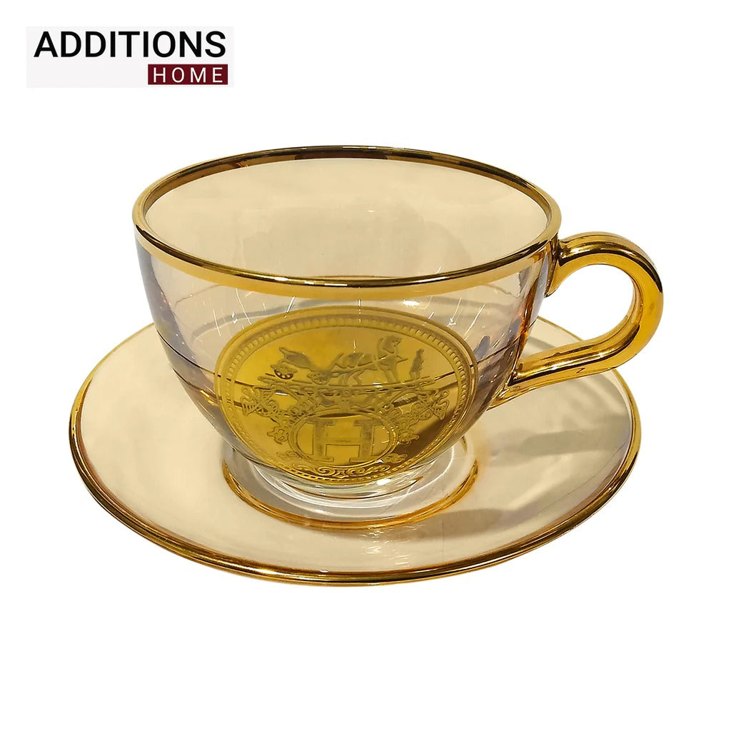 Elegant Cup and Plate MADE IN TURKEY, AMBER COLOUR, GOLD PLATED Set of 6 (limited edition)