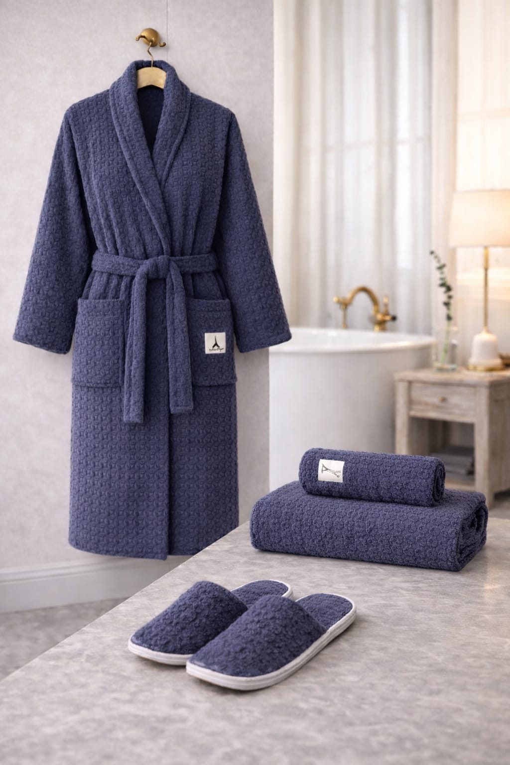 4 PCS Bath Robe Set with Matching Towel and Slippers
