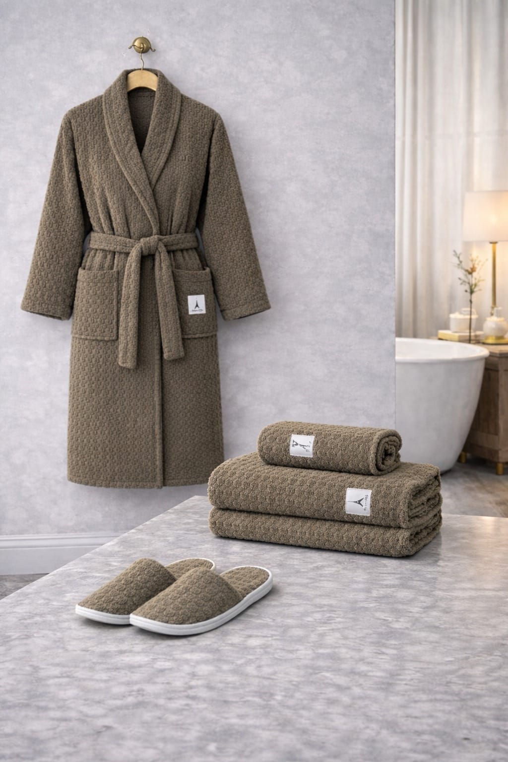 4 PCS Bath Robe Set with Matching Towel and Slippers