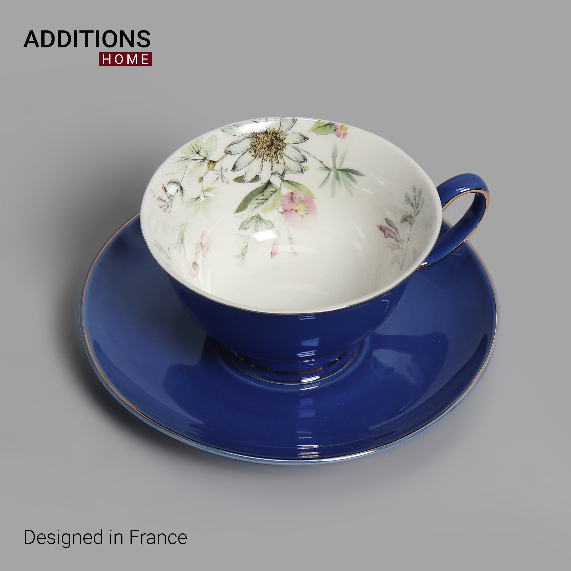 Fine English Bone China inner printed Cup and Saucer Blue (Set of 6)