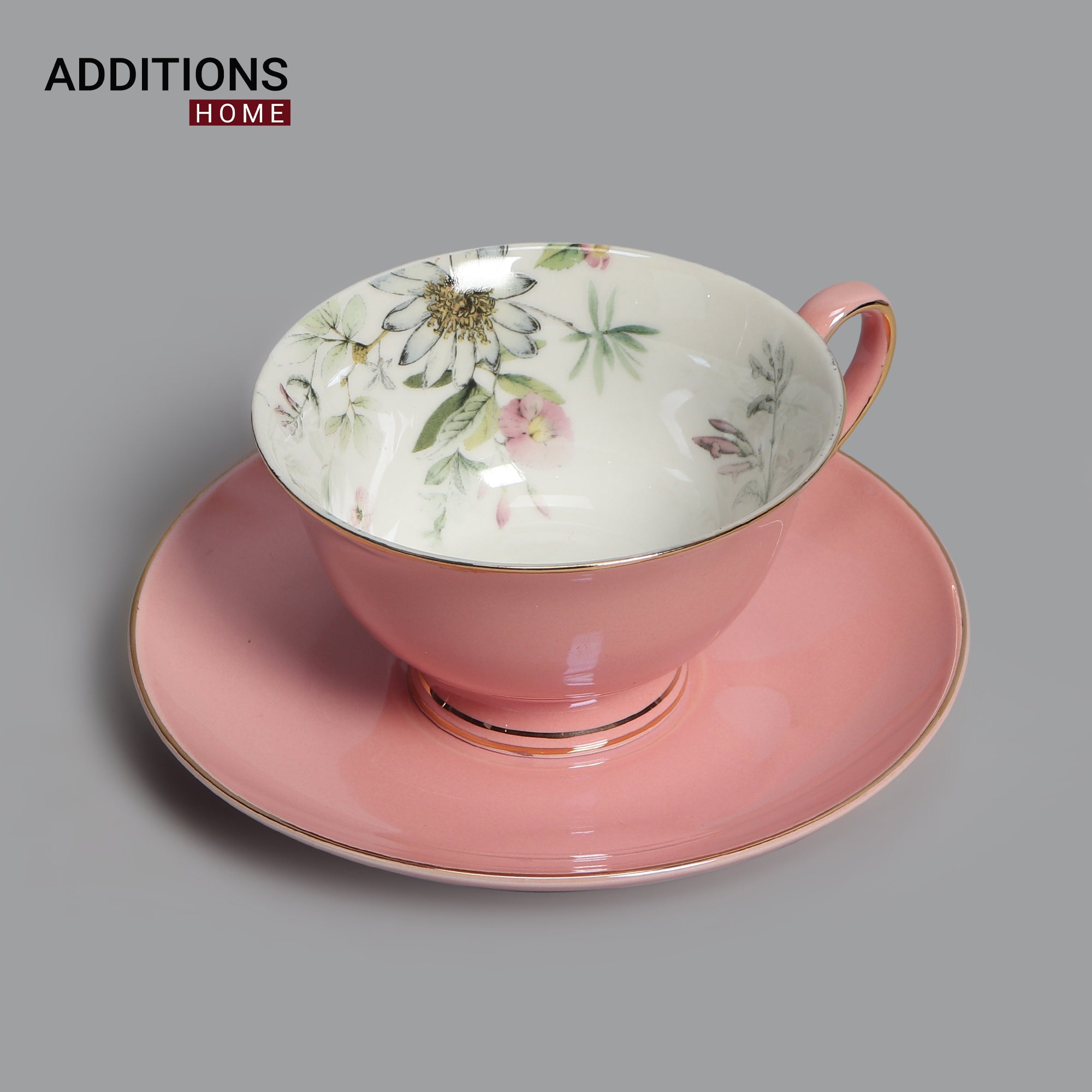 Fine English Bone China inner printed Cup and Saucer Pink (Set of 6)