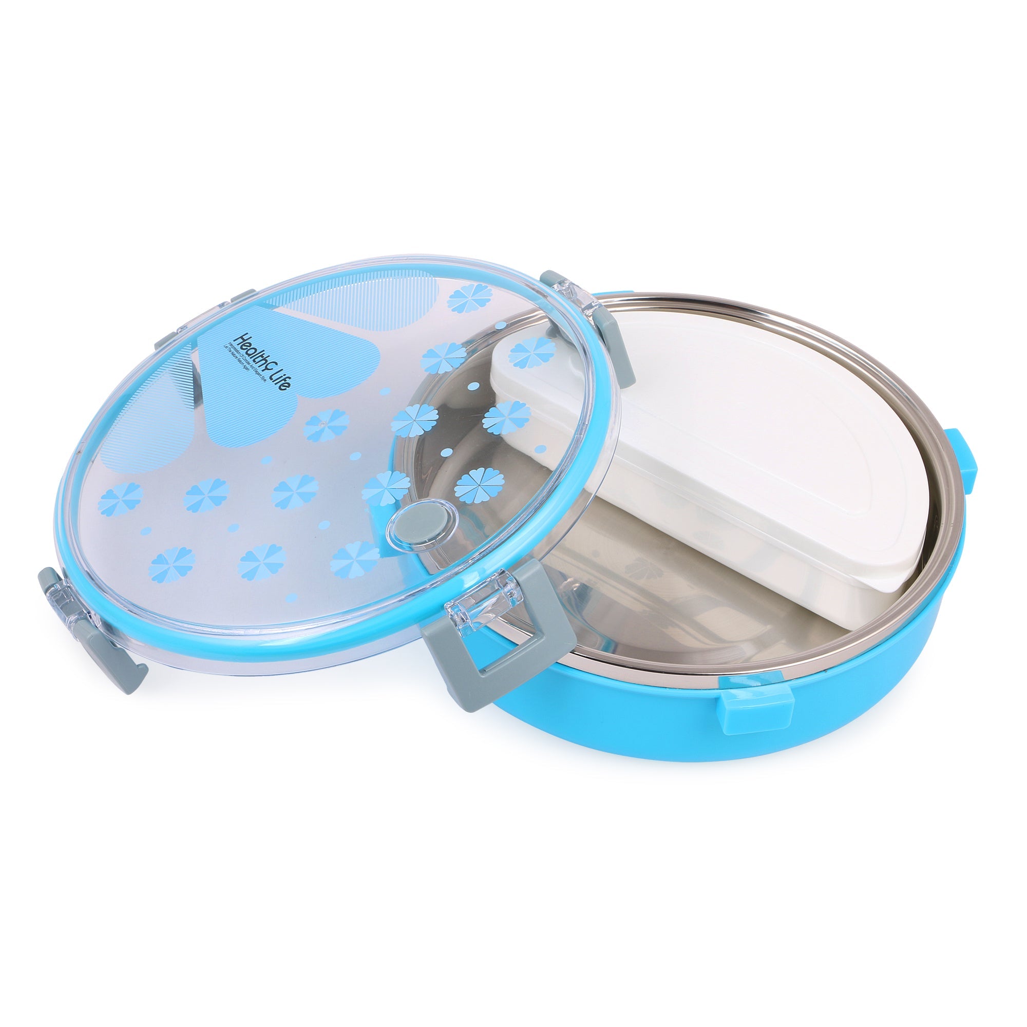 Round Shape Lunch Box Stainless Steel 6526 Inside and P.P Outside, 1 Inner Container & 1 Spoon (920ml)