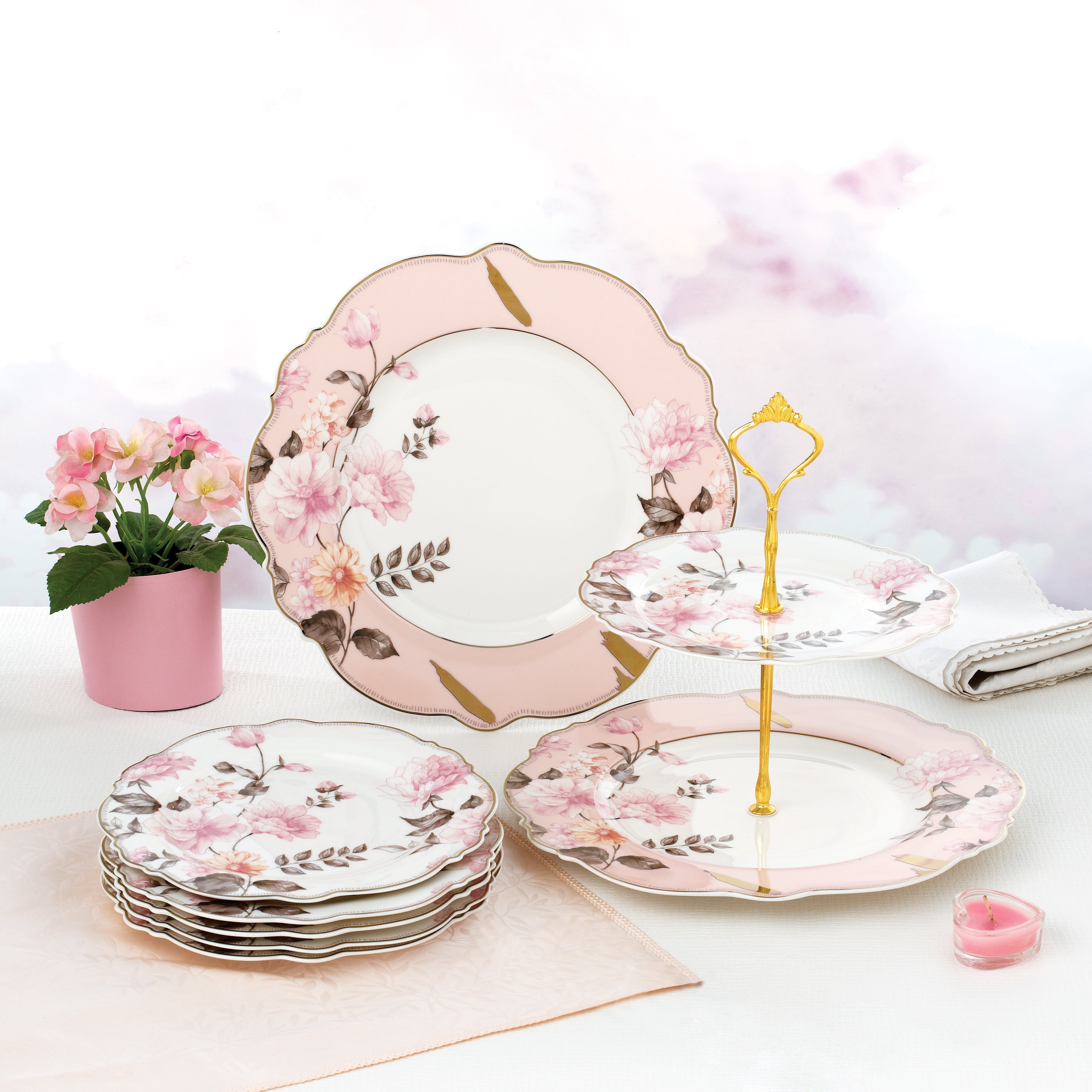 Two Tier Dessert Stand With 6 Plates Finest Premium Porcelain Set of 14pcs (A Complete Breakfast Set)