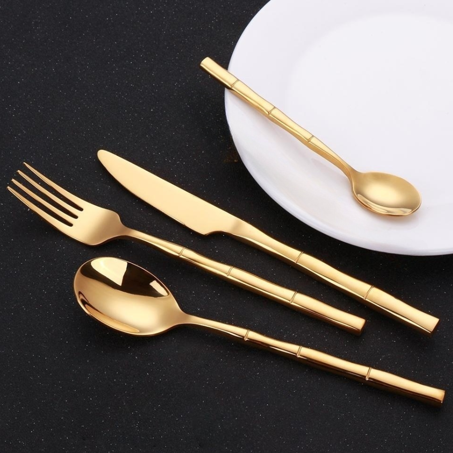 24pcs Luxury Chrome Plated Classic Cutlery Set Dinner Spoon Knives Fork Set Stainless Steel Tableware Dinner Set with Gift Box Gold Pleated