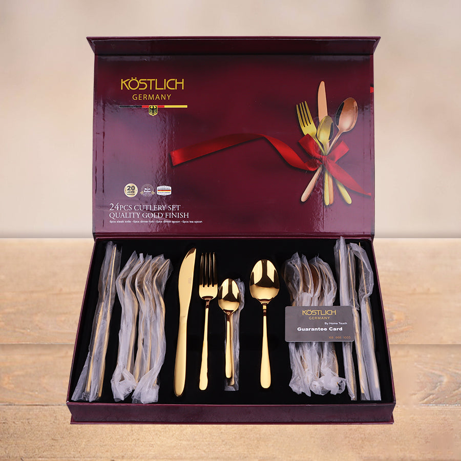 24pcs Luxury Chrome Plated Classic Cutlery Set Dinner Spoon Knives Fork Set Stainless Steel Tableware Dinner Set with Gift Box Gold Pleated