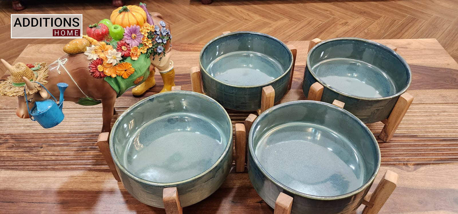 Stone Serving Bowl With Elevated Wooden Stand Set of 4