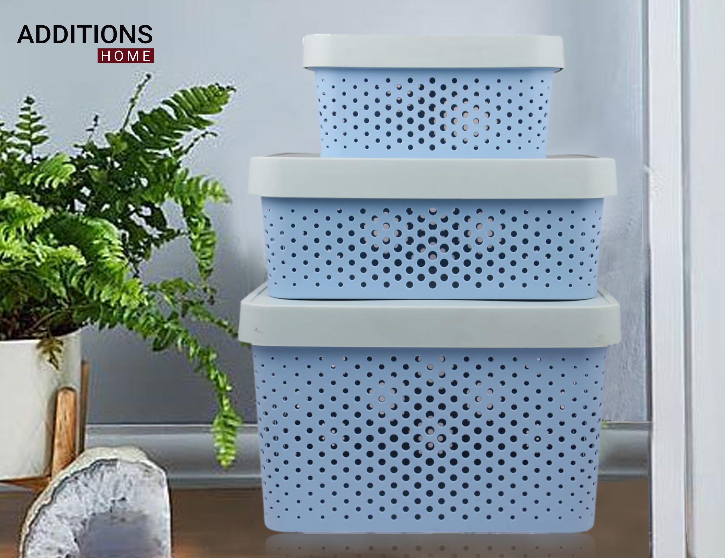 Plastic Storage Basket Set of 3 with Lid for Home/Office Use.